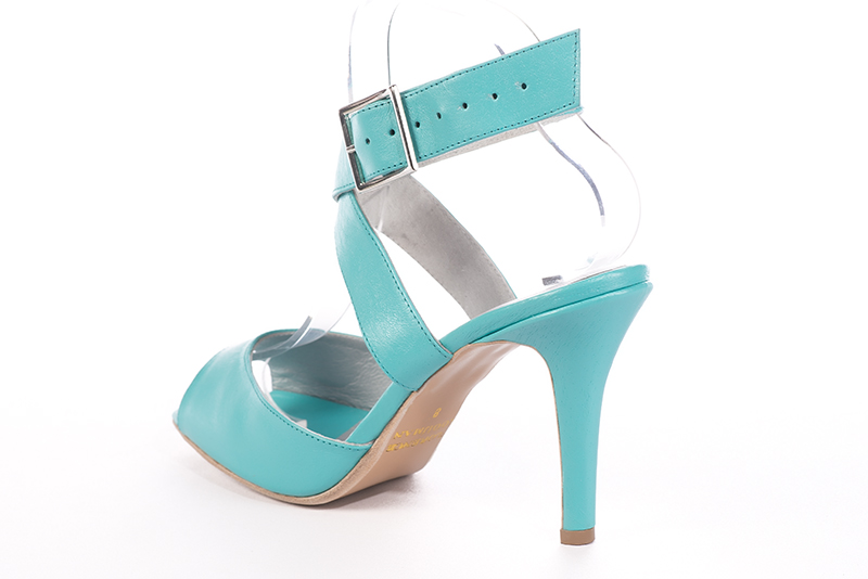 Turquoise blue women's open back sandals, with crossed straps. Round toe. High slim heel. Rear view - Florence KOOIJMAN